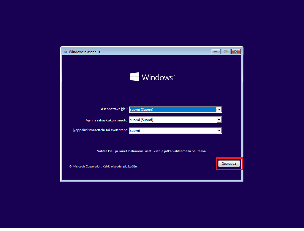 Windows 10 kärjestelmän asentaminen ilman omaa tuoteavainta.