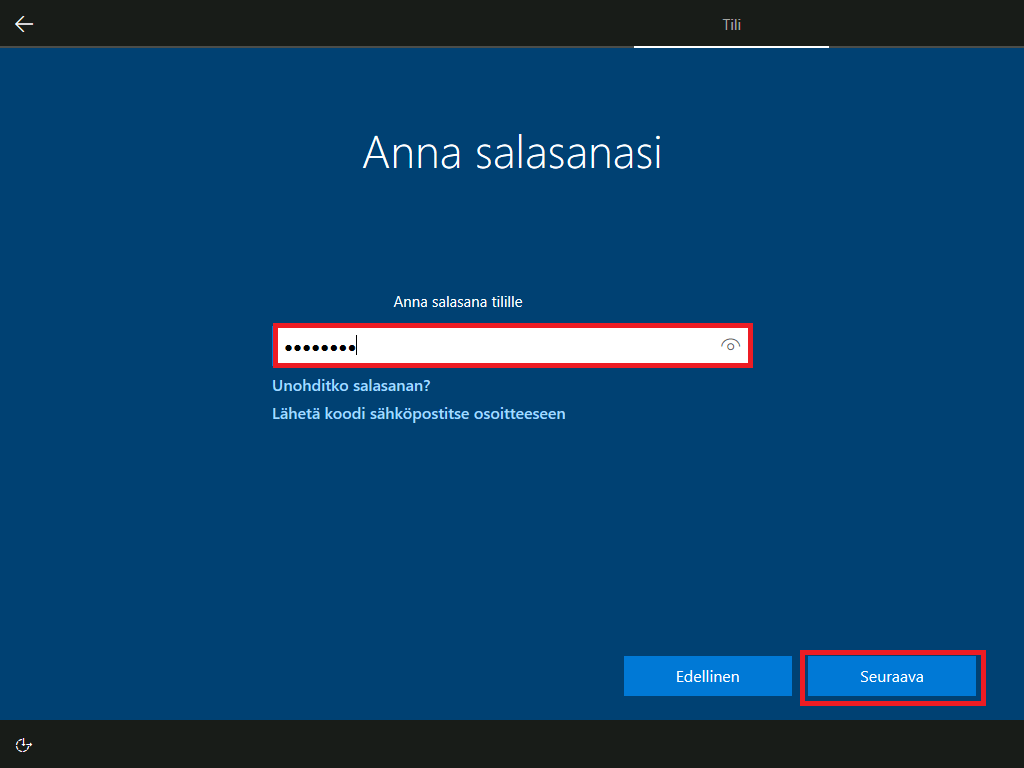 Windows 10 salasana.