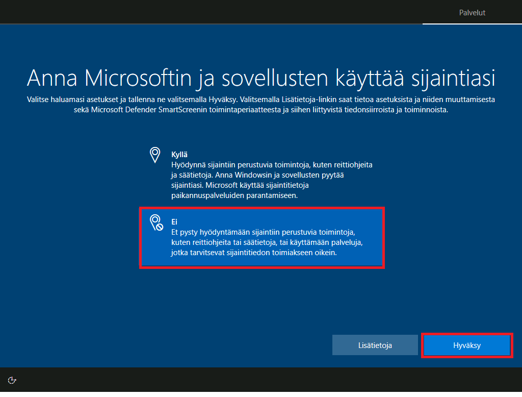 Sijaintitiedon salliminen Windows 10 tietokoneessa.