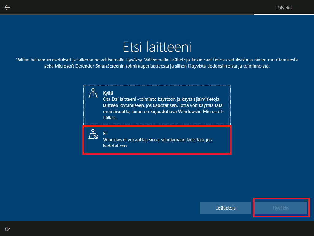 Salli Windows 10 tietokoneen paikannus.