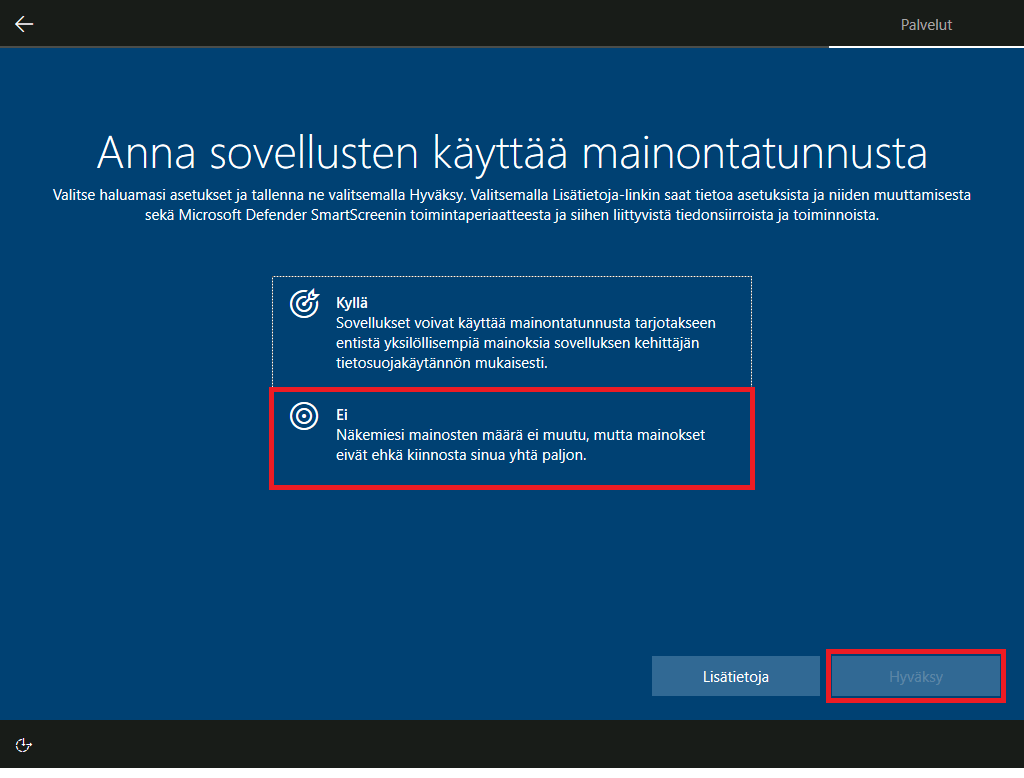 Windows 10 mainonta asetukset.