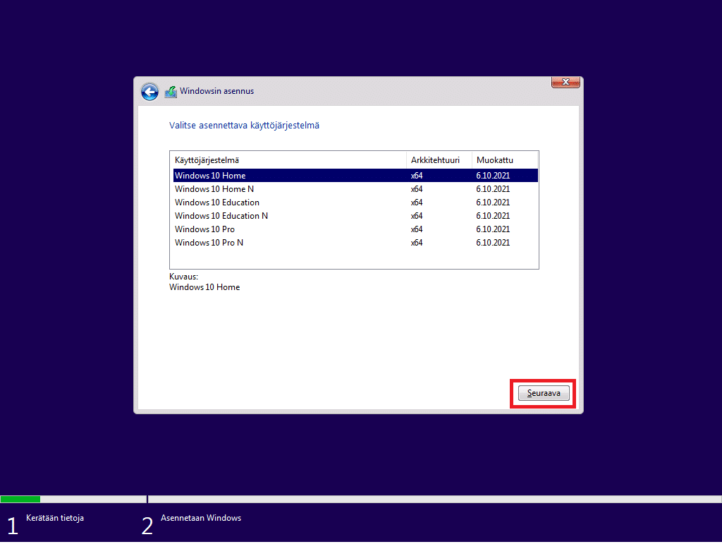 Windows 10 asennus vaihtoehdot.