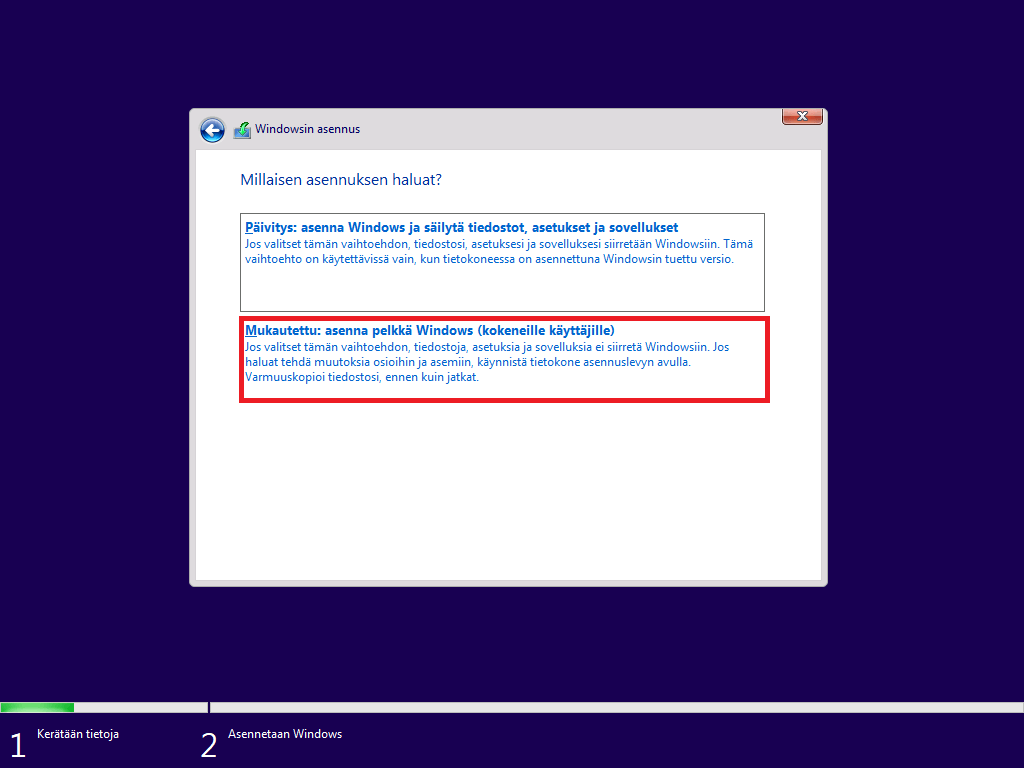 Windows 10 kärjestelmän asentaminen ilman tuoteavainta.