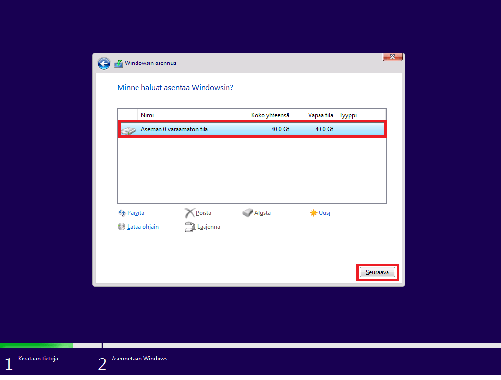 Windows 10 asennus ja kiintolevyn osiointi.